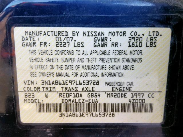 3N1AB61E97L653728 - 2007 NISSAN SENTRA 2.0 BLUE photo 10