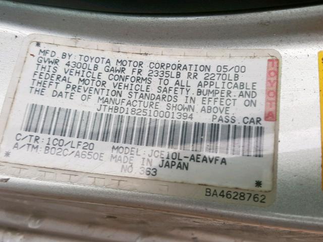 JTHBD182510001394 - 2001 LEXUS IS 300 SILVER photo 10