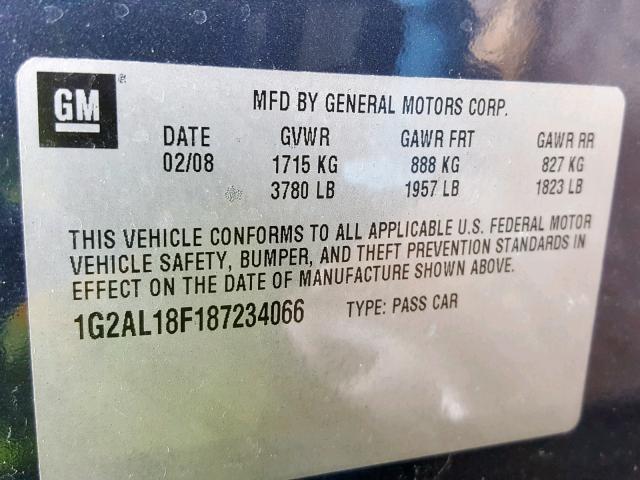 1G2AL18F187234066 - 2008 PONTIAC G5 BLUE photo 10