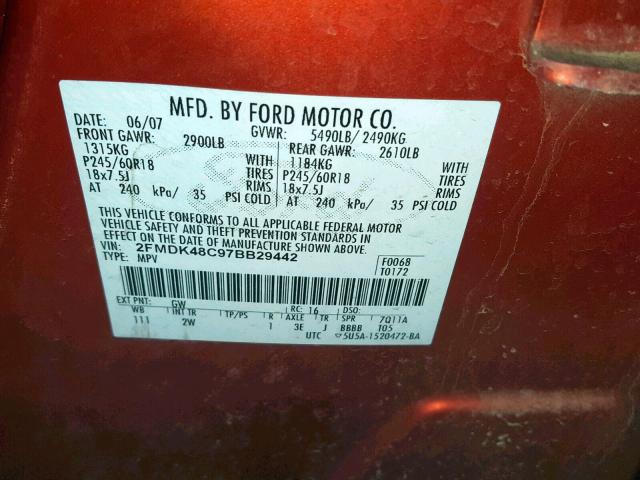 2FMDK48C97BB29442 - 2007 FORD EDGE SEL ORANGE photo 10