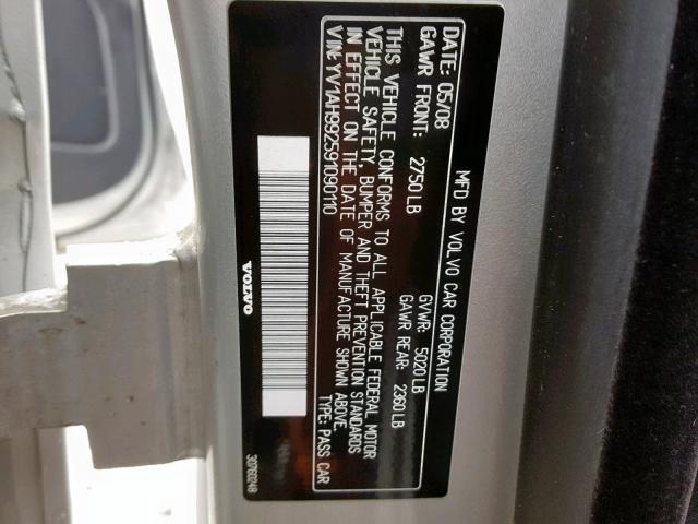 YV1AH992591090110 - 2009 VOLVO S80 T6 GRAY photo 10