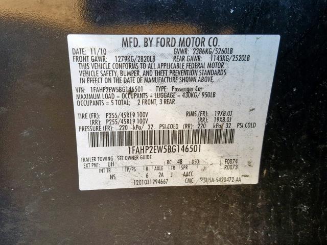 1FAHP2EW5BG146501 - 2011 FORD TAURUS SEL BLACK photo 10