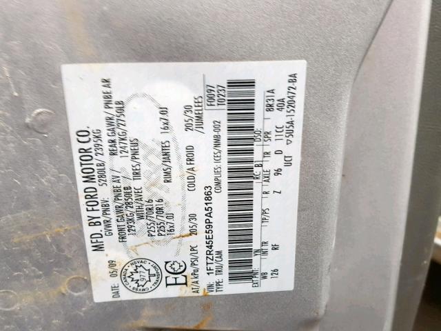 1FTZR45E59PA51863 - 2009 FORD RANGER SUP SILVER photo 10