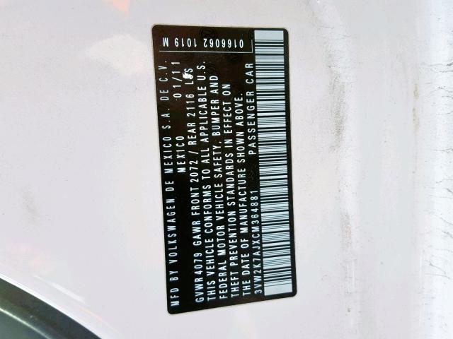 3VW2K7AJXCM364881 - 2012 VOLKSWAGEN JETTA BASE WHITE photo 10