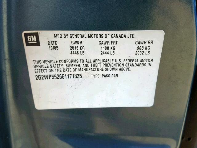 2G2WP552661171835 - 2006 PONTIAC GRAND PRIX BLUE photo 10