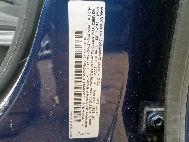 3VW2K7AJ1BM040605 - 2011 VOLKSWAGEN JETTA BASE BLUE photo 10