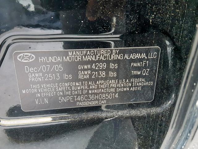 5NPET46C36H085014 - 2006 HYUNDAI SONATA GL BLACK photo 10