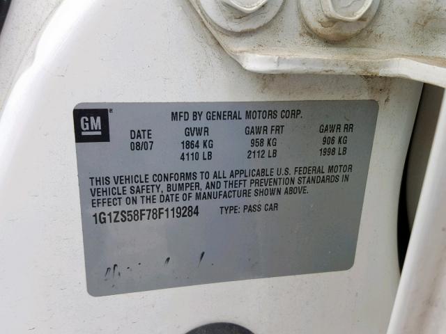 1G1ZS58F78F119284 - 2008 CHEVROLET MALIBU LS WHITE photo 10