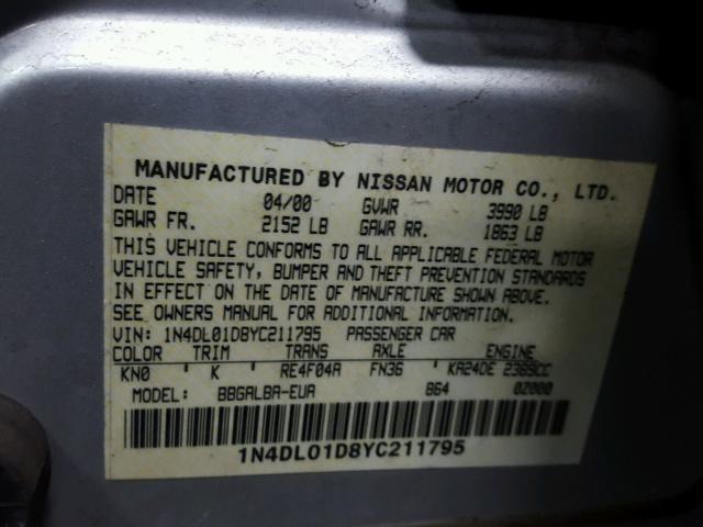 1N4DL01D8YC211795 - 2000 NISSAN ALTIMA XE SILVER photo 10