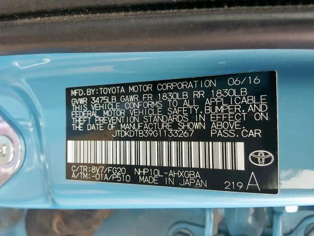 JTDKDTB39G1133267 - 2016 TOYOTA PRIUS C BLUE photo 10