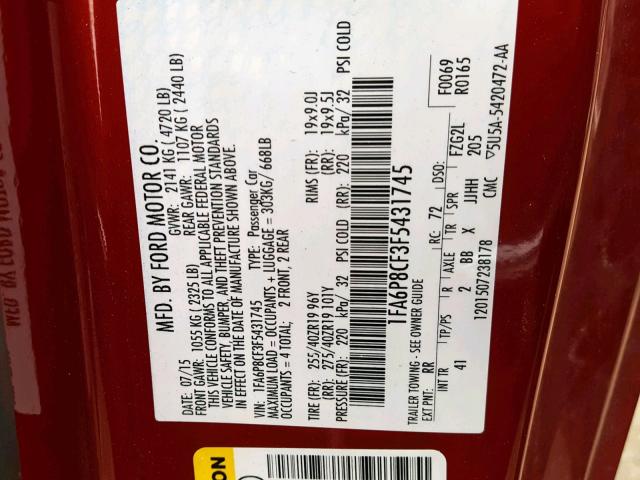 1FA6P8CF3F5431745 - 2015 FORD MUSTANG GT RED photo 10