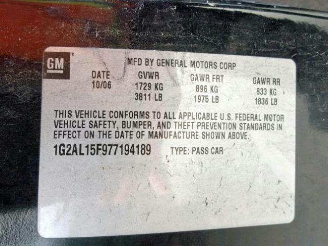 1G2AL15F977194189 - 2007 PONTIAC G5 BLACK photo 10