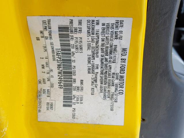 1FAFP37N67W249649 - 2007 FORD FOCUS ZX5 YELLOW photo 10