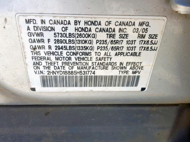 2HNYD18885H531774 - 2005 ACURA MDX TOURIN SILVER photo 10