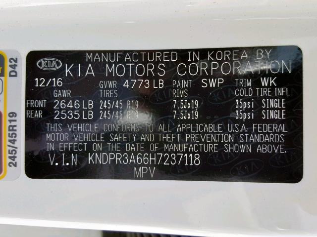 KNDPR3A66H7237118 - 2017 KIA SPORTAGE S WHITE photo 10