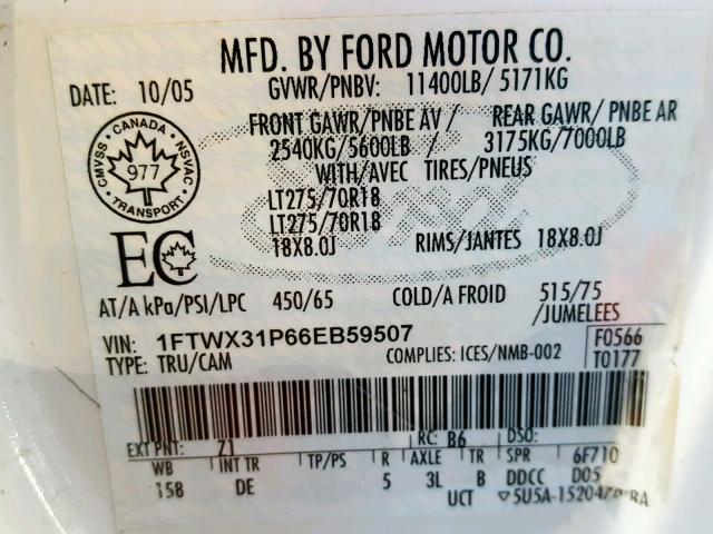 1FTWX31P66EB59507 - 2006 FORD F350 SRW S WHITE photo 10