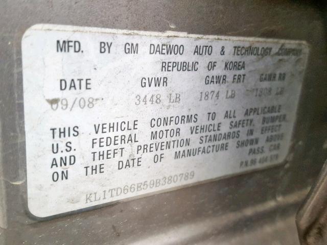 KL1TD66E59B380789 - 2009 CHEVROLET AVEO LS GRAY photo 10