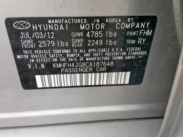 KMHFH4JG8CA187648 - 2012 HYUNDAI AZERA GLS SILVER photo 10