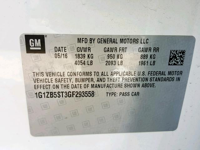 1G1ZB5ST3GF293558 - 2016 CHEVROLET MALIBU LS 白色 照片 10