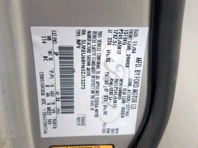 5LMEU68H65ZJ13373 - 2005 LINCOLN AVIATOR 银色 照片 10