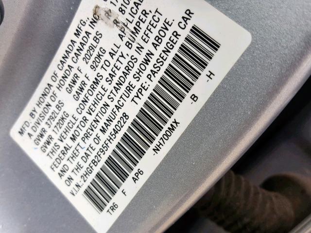 2HGFB2F95FH540228 - 2015 HONDA CIVIC EXL SILVER photo 10