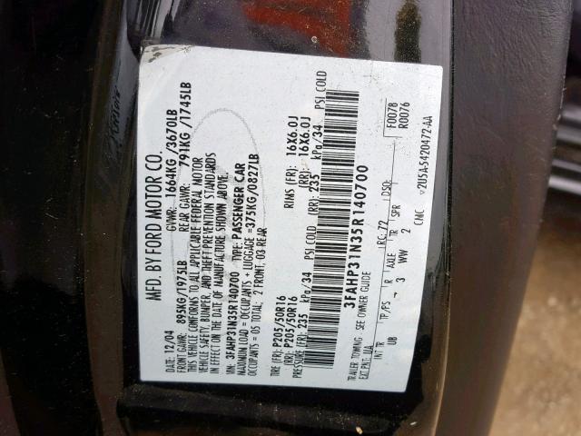 3FAHP31N35R140700 - 2005 FORD FOCUS ZX3 BLACK photo 10