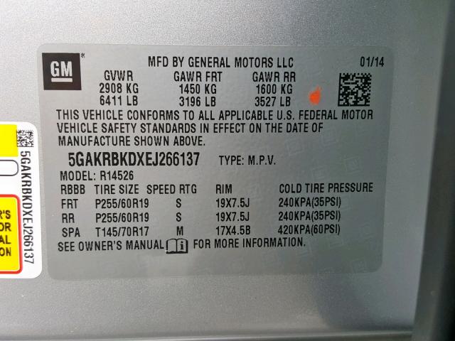 5GAKRBKDXEJ266137 - 2014 BUICK ENCLAVE SILVER photo 10