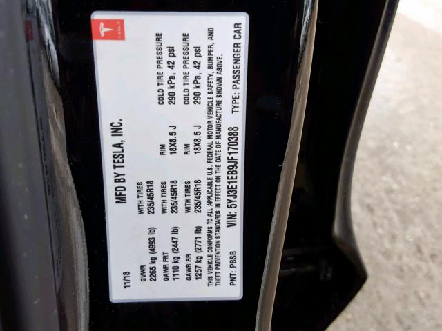 5YJ3E1EB9JF170388 - 2018 TESLA MODEL 3 BLACK photo 10