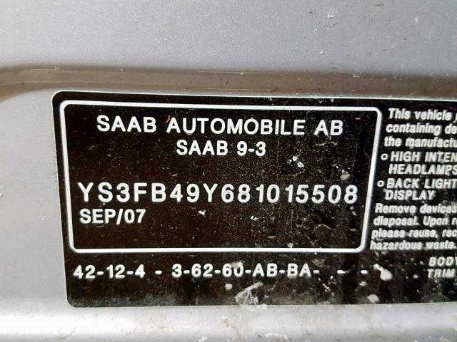 YS3FB49Y681015508 - 2008 SAAB 9-3 2.0T SILVER photo 10