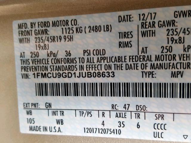 1FMCU9GD1JUB08633 - 2018 FORD ESCAPE SE TAN photo 10