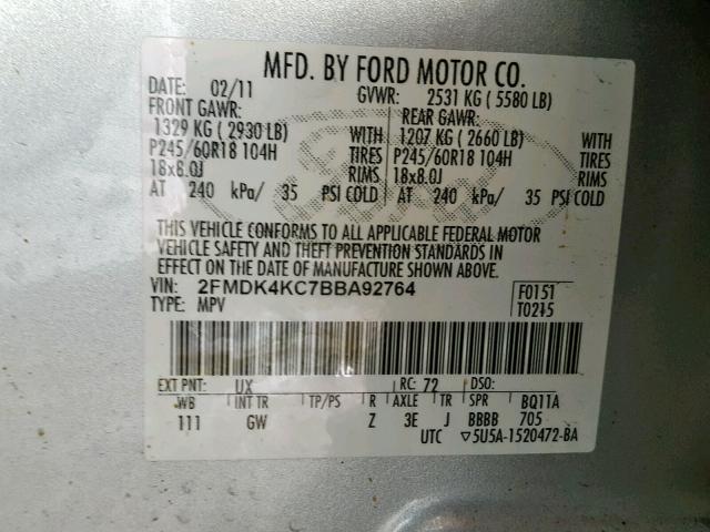 2FMDK4KC7BBA92764 - 2011 FORD EDGE LIMIT SILVER photo 10