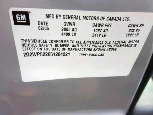 2G2WP522651284221 - 2005 PONTIAC GRAND PRIX SILVER photo 10