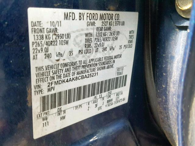 2FMDK4AK8CBA25231 - 2012 FORD EDGE SPORT BLUE photo 10