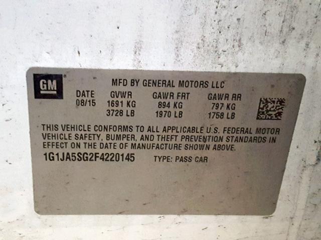 1G1JA5SG2F4220145 - 2015 CHEVROLET SONIC LS თეთრი ფოტო 10