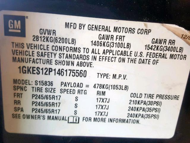 1GKES12P146175560 - 2004 GMC ENVOY XUV CHARCOAL photo 10