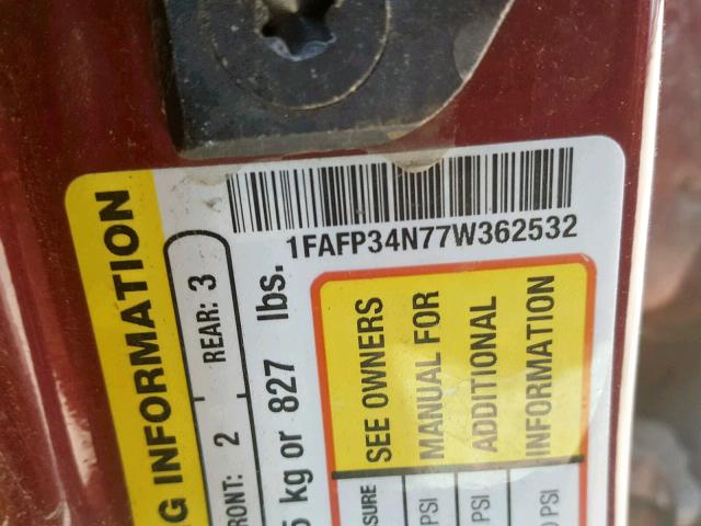 1FAFP34N77W362532 - 2007 FORD FOCUS ZX4 MAROON photo 10