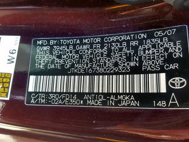 JTKDE167380229323 - 2008 TOYOTA SCION TC ბურგუნდია ფოტო 10