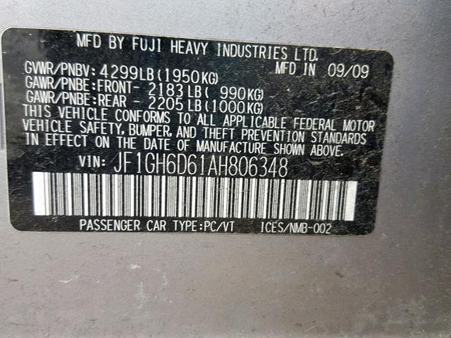 JF1GH6D61AH806348 - 2010 SUBARU IMPREZA OU SILVER photo 10