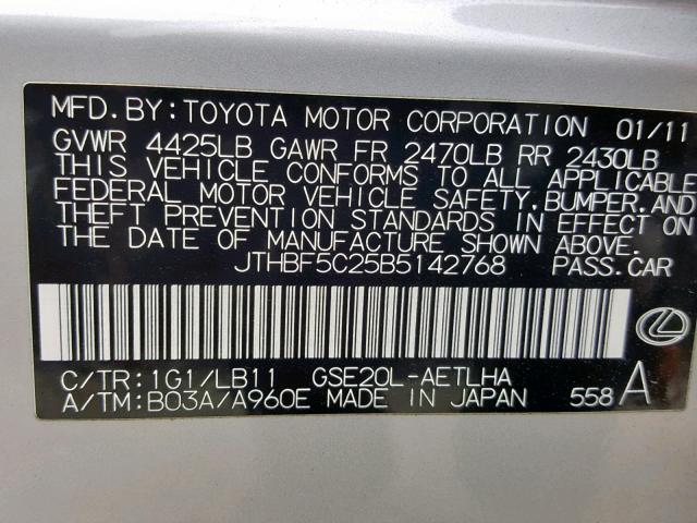 JTHBF5C25B5142768 - 2011 LEXUS IS 250 SILVER photo 10