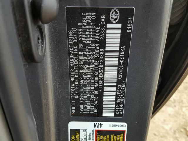 4T4BF3EK5BR123888 - 2011 TOYOTA CAMRY BASE GRAY photo 10
