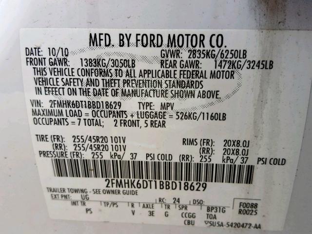 2FMHK6DT1BBD18629 - 2011 FORD FLEX LIMIT WHITE photo 10