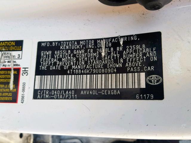 4T1BB46K79U080904 - 2009 TOYOTA CAMRY HYBR WHITE photo 10