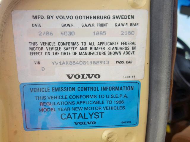 YV1AX8840G1188913 - 1986 VOLVO 244 DL YELLOW photo 10