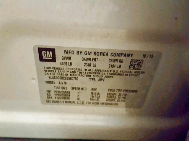 KL4CJGSB2EB580780 - 2014 BUICK ENCORE SILVER photo 10