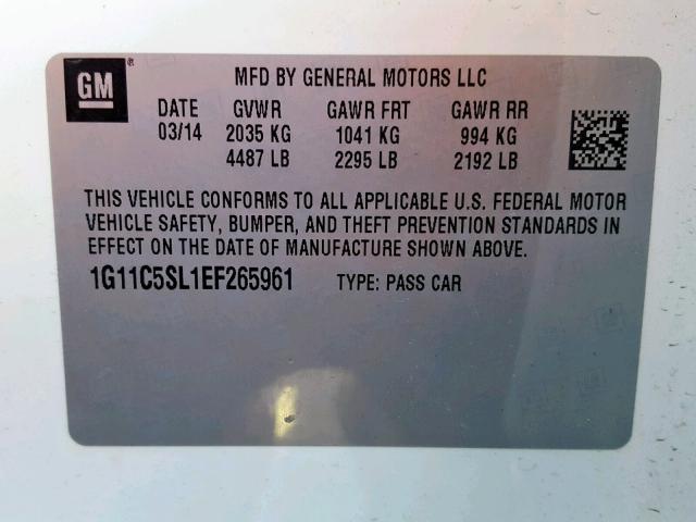 1G11C5SL1EF265961 - 2014 CHEVROLET MALIBU 1LT 白色 照片 10