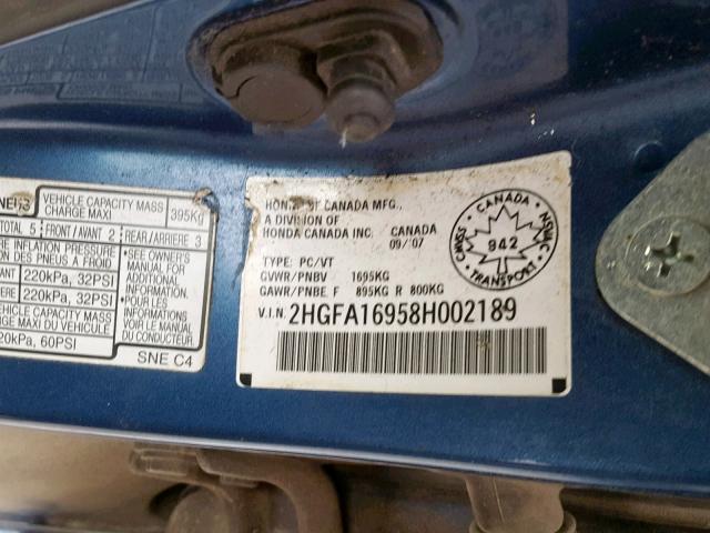 2HGFA16958H002189 - 2008 HONDA CIVIC EXL BLUE photo 10