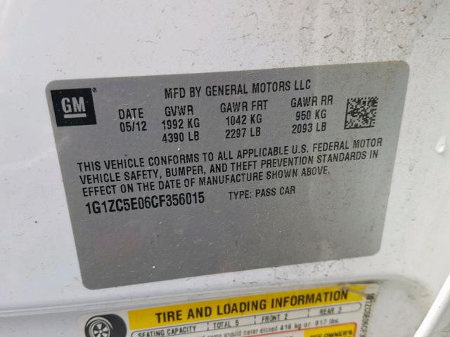 1G1ZC5E06CF356015 - 2012 CHEVROLET MALIBU 1LT 白色 照片 10