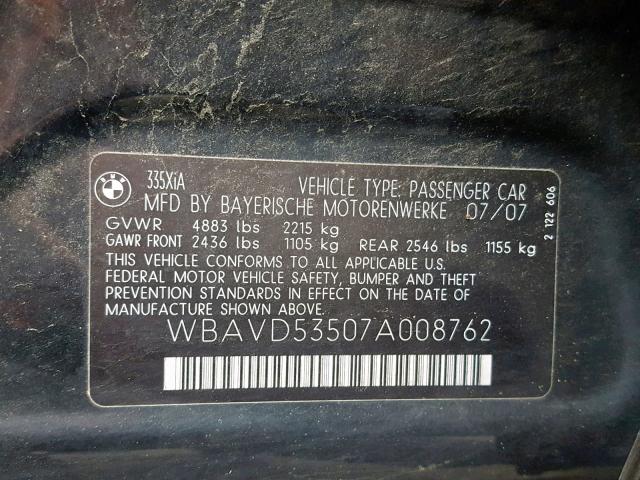 WBAVD53507A008762 - 2007 BMW 335 XI BLACK photo 10