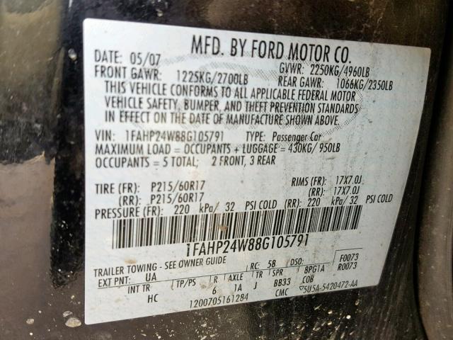 1FAHP24W88G105791 - 2008 FORD TAURUS SEL BLACK photo 10