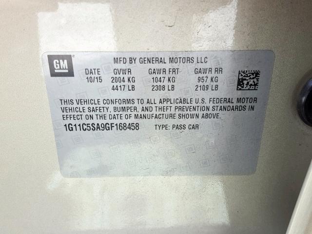 1G11C5SA9GF168458 - 2016 CHEVROLET MALIBU LIM 金色 照片 10